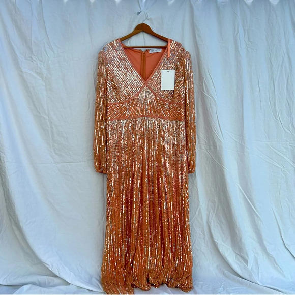 NWT Mac Duggal V Neck Empire Waist Puff Shoulder Sequin Embellished Gown Size 20 - Picture 2 of 14